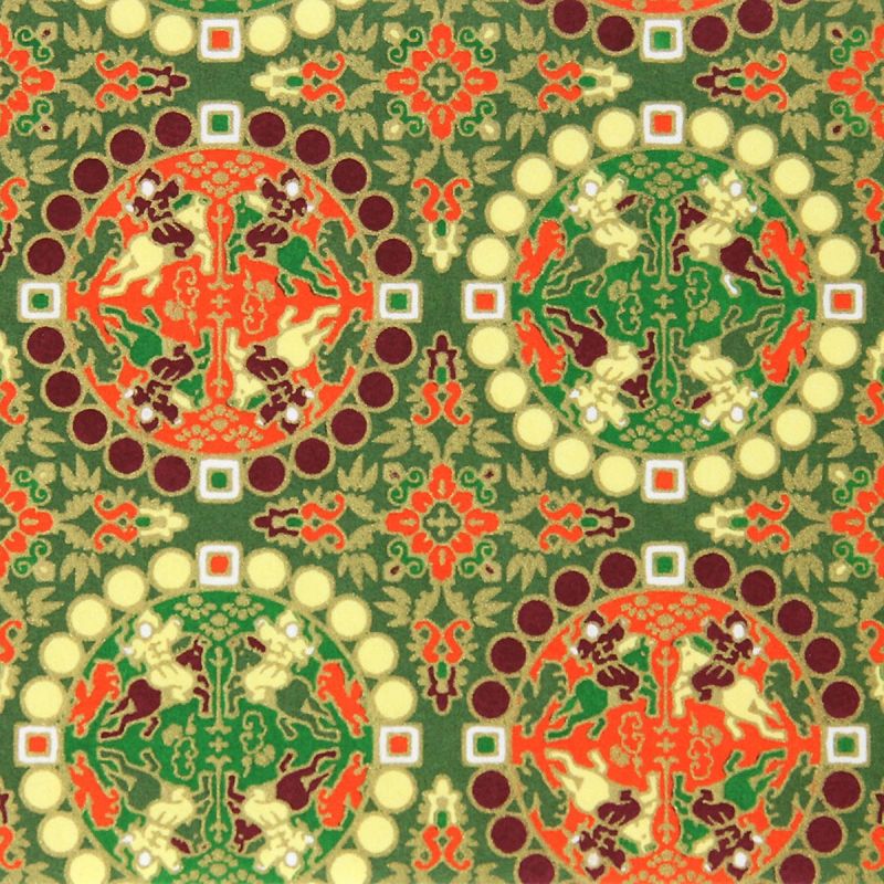 grande feuille papier japonais, YUZEN WASHI, vert, motif chasse au lion Shosoin