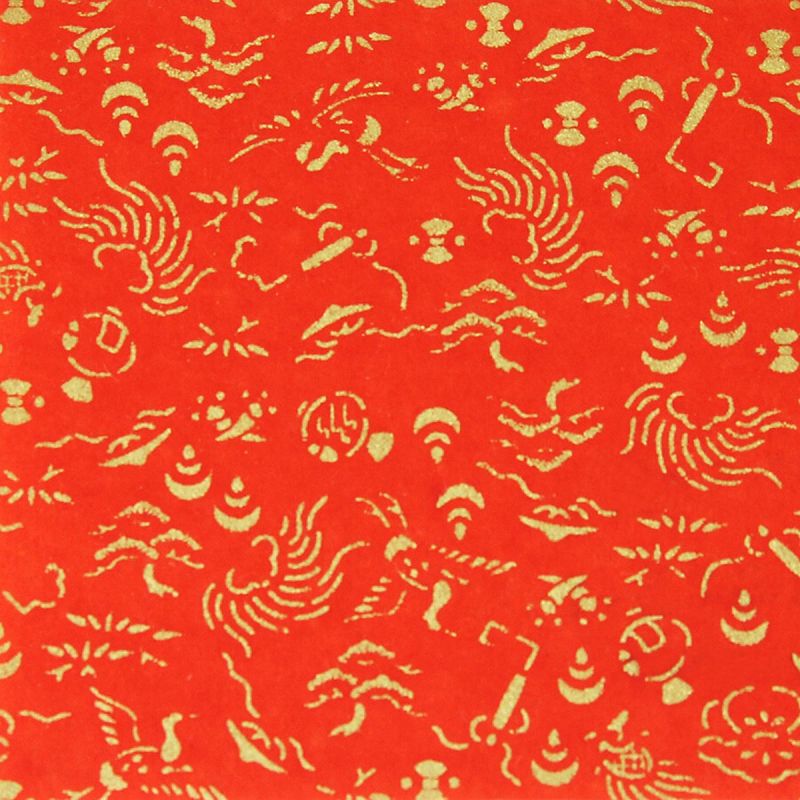 grande feuille papier japonais, rouge, YUZEN WASHI, Grue, Tortue et Trésor