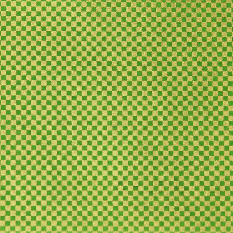 large sheet of Japanese paper, YUZEN WASHI, green/gold, Checkered pattern