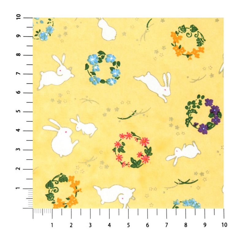 grande feuille papier japonais, YUZEN WASHI, jaune, motif lapin et fleur.