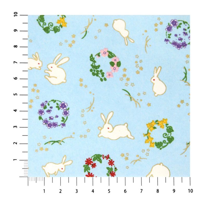 large sheet of Japanese paper, YUZEN WASHI, blue, rabbit and flower pattern.