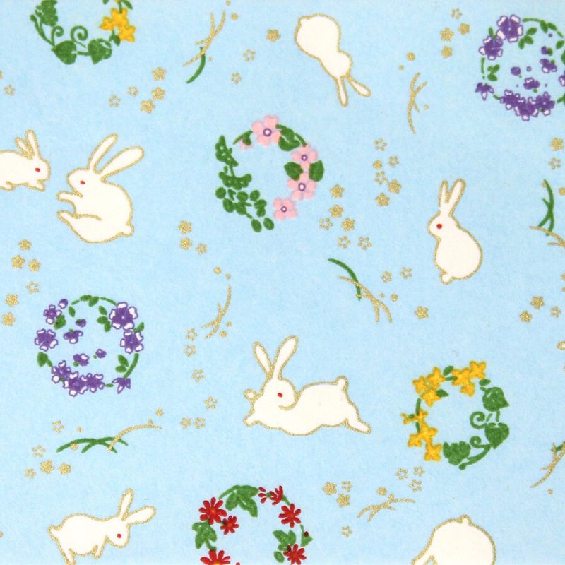 grande feuille papier japonais, YUZEN WASHI, bleu, motif lapin et fleur.