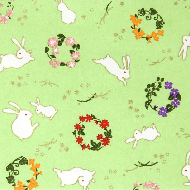 hoja grande de papel japonés, YUZEN WASHI, verde, estampado de conejos y flores.