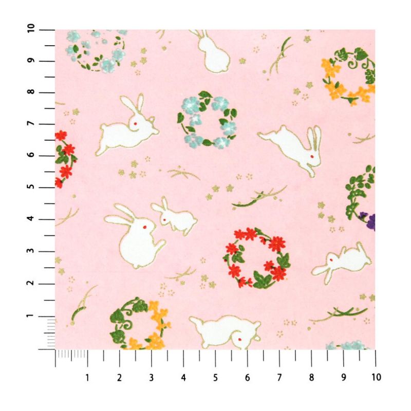 large sheet of Japanese paper, YUZEN WASHI, pink, rabbit and flower pattern.
