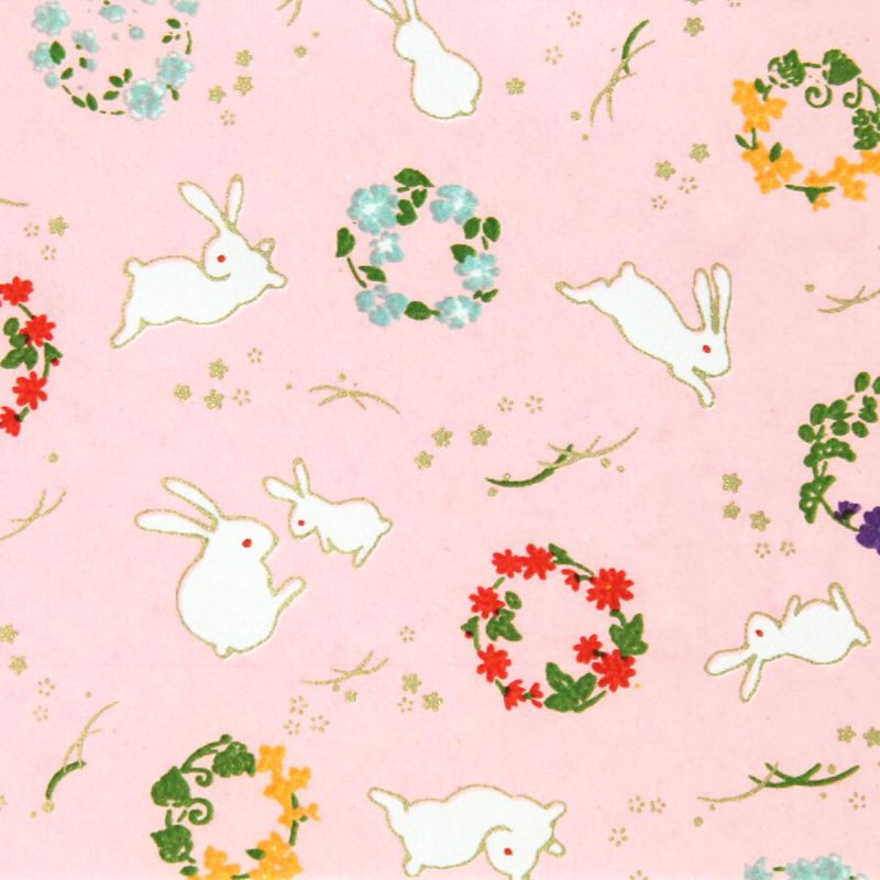 hoja grande de papel japonés, YUZEN WASHI, rosa, estampado de conejos y flores.
