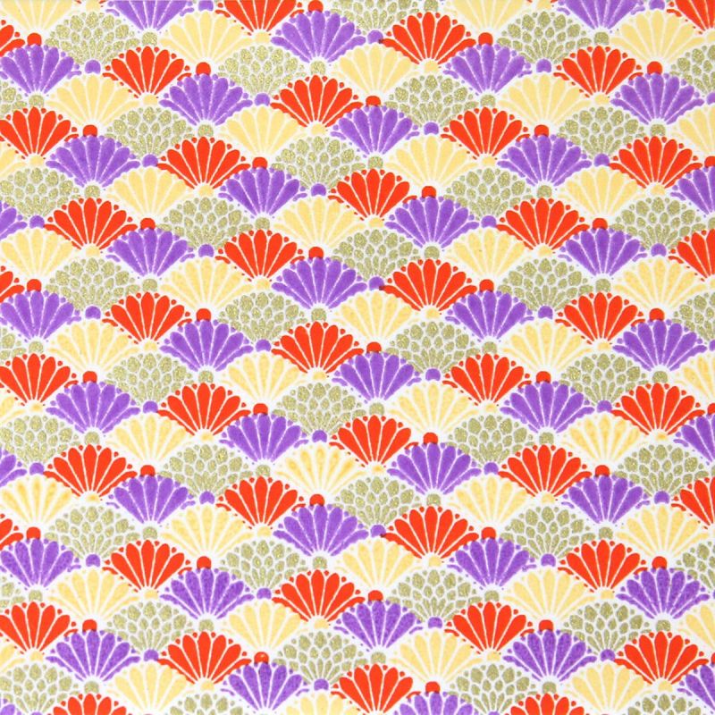 grande feuille papier japonais, YUZEN WASHI, violet rouge jaune doré, vagues de Chrysanthèmes