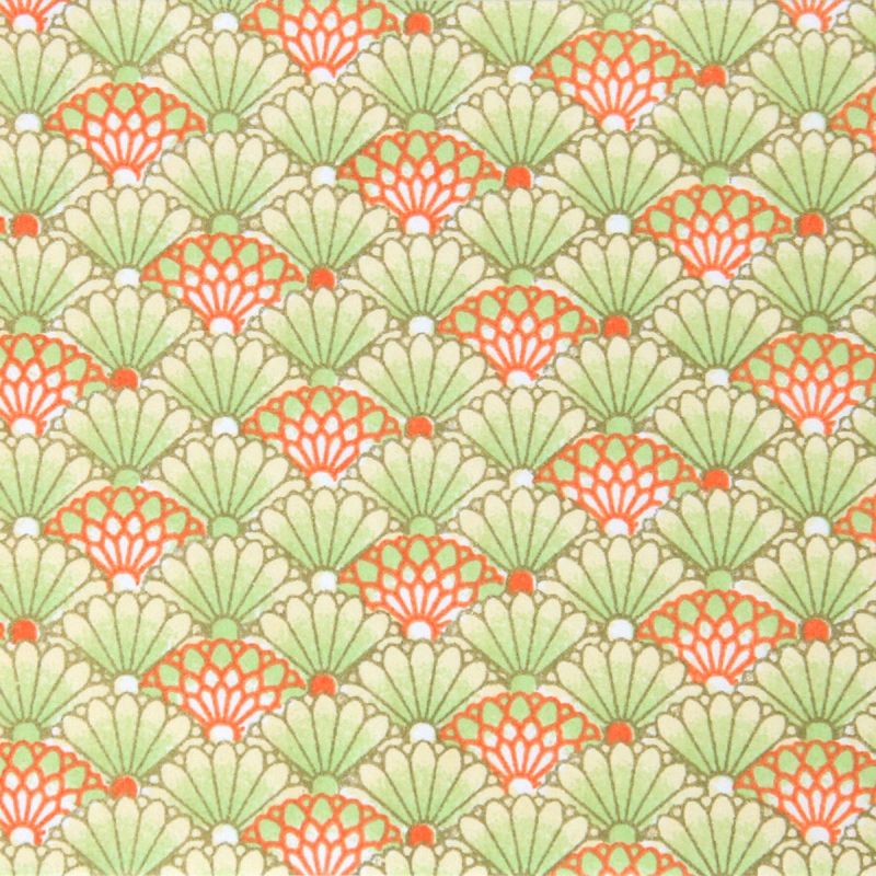 grande feuille papier japonais, YUZEN WASHI, vert et orange, motifs Bokashi Chrysanthemum