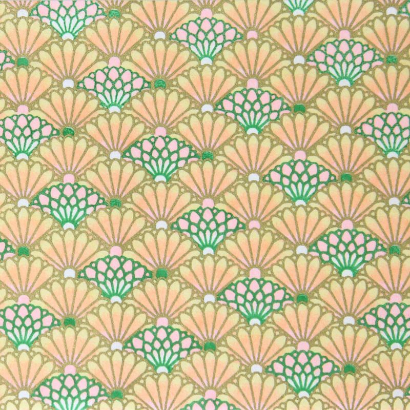 hoja grande de papel japonés, YUZEN WASHI, rosa, amarillo y naranja, motivos Bokashi Chrysanthemum