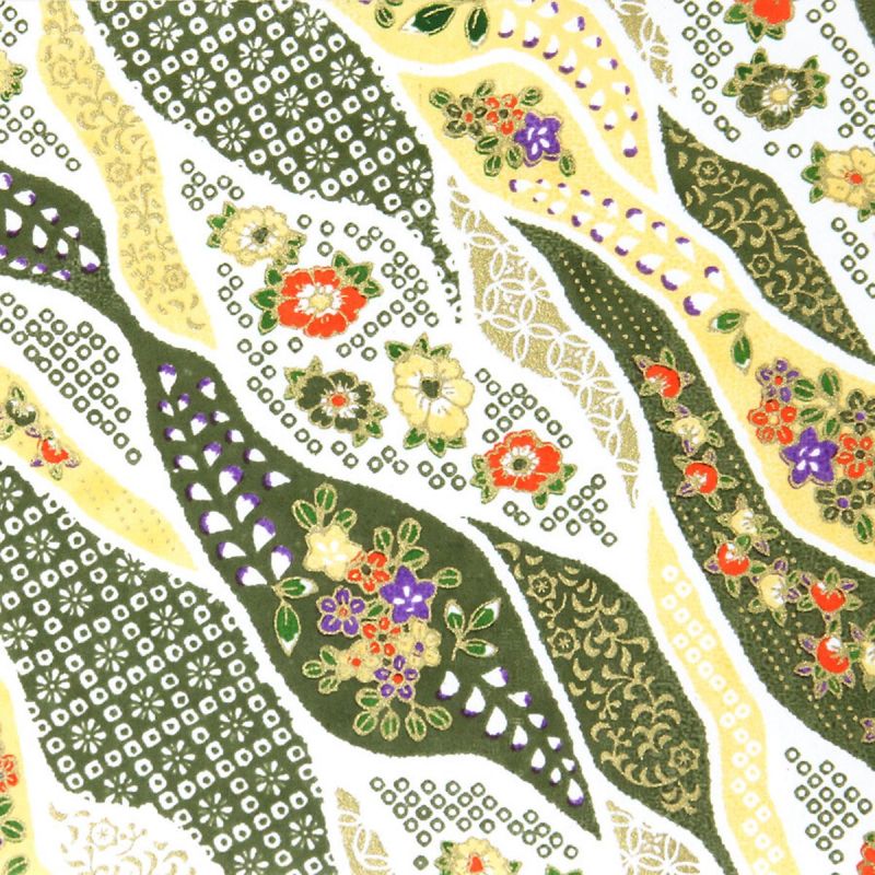 large sheet of Japanese paper, YUZEN WASHI, green and beige, Docho-tori patterns