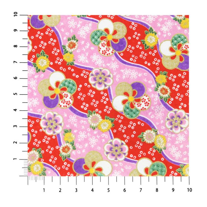 large sheet of Japanese paper, YUZEN WASHI, pink and red, Yuzen flow flower design