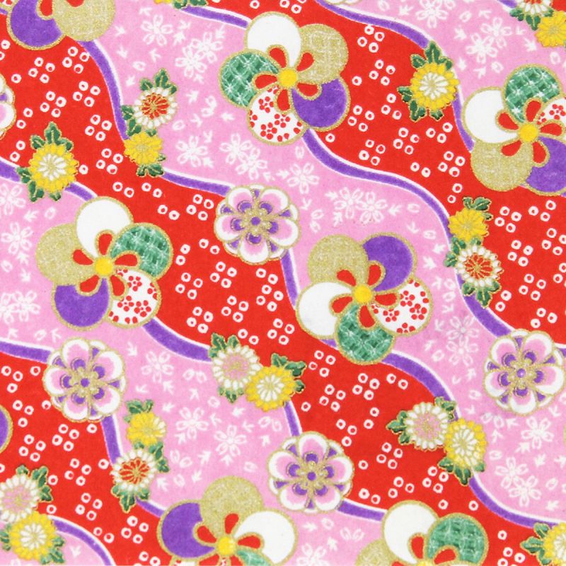 hoja grande de papel japonés, YUZEN WASHI, rosa y rojo, diseño floral Yuzen flow