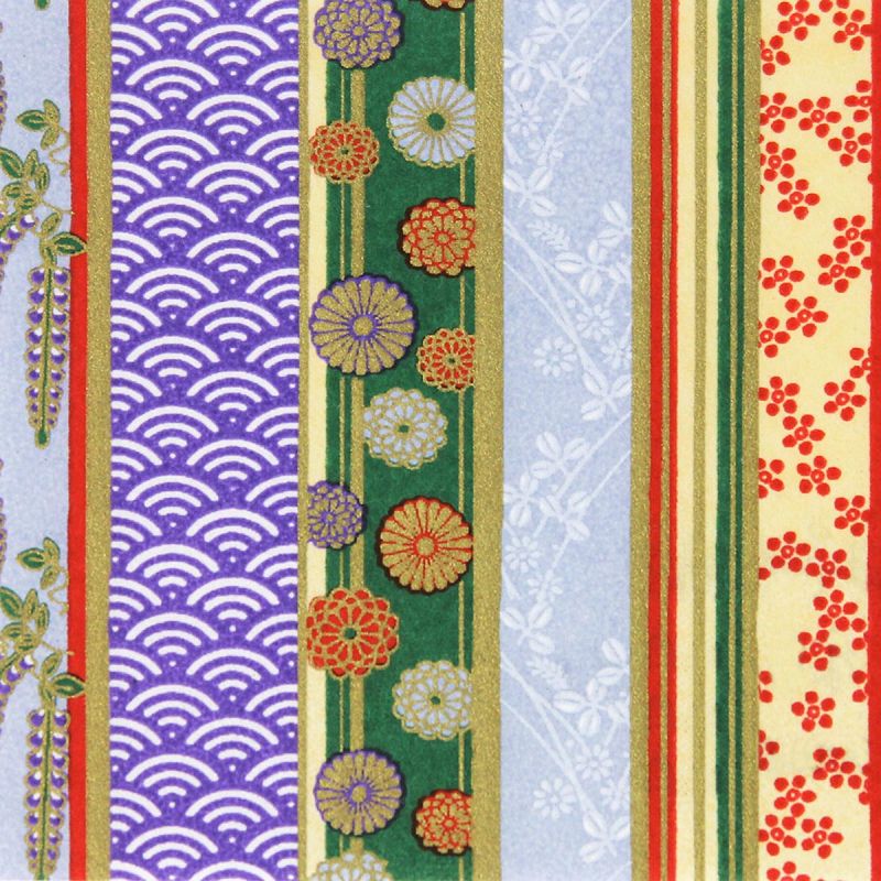 grande foglio di carta giapponese, YUZEN WASHI, viola, Quattro stagioni di fiori su motivo a strisce