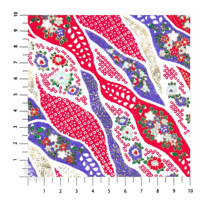 large sheet of Japanese paper, YUZEN WASHI, purple and red, Docho-tori patterns