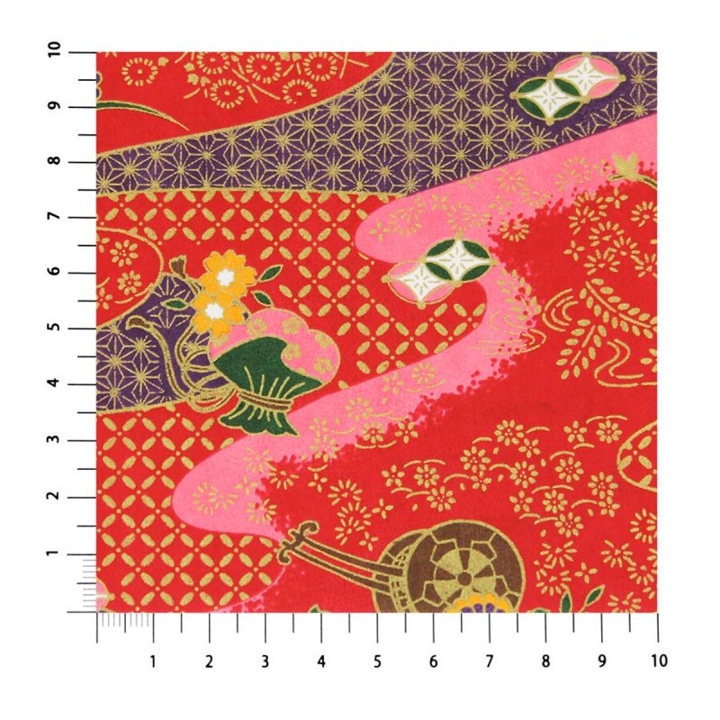 feuille papier japonais A4, YUZEN WASHI, rouge, Carrosse de fleurs et brume précieuse