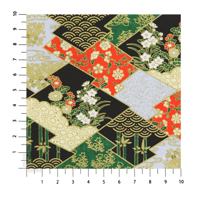 Foglio di carta giapponese A4, YUZEN WASHI, Namono-Saki con corteccia di pino stropicciata e castagne d'acqua.
