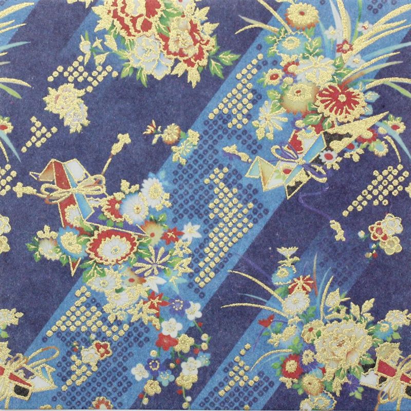 Blatt japanisches Papier, YUZEN WASHI, blau, Blumenstrauß Yoi Kaori