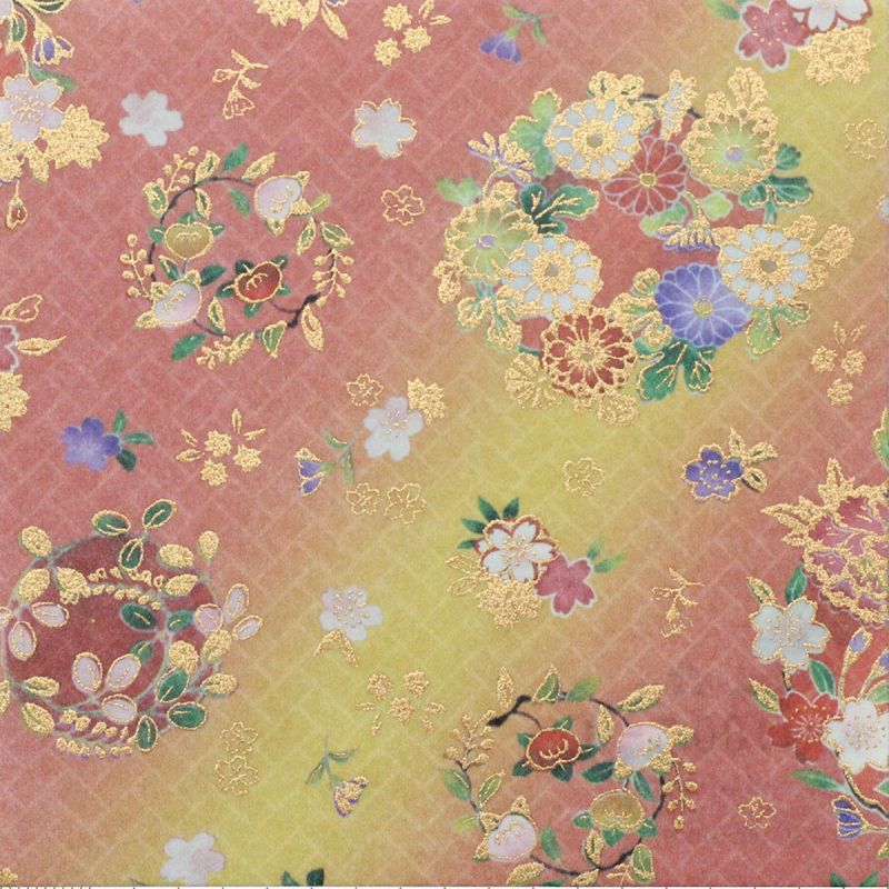 hoja de papel japonés, YUZEN WASHI, rosa, flor redonda, marui hana