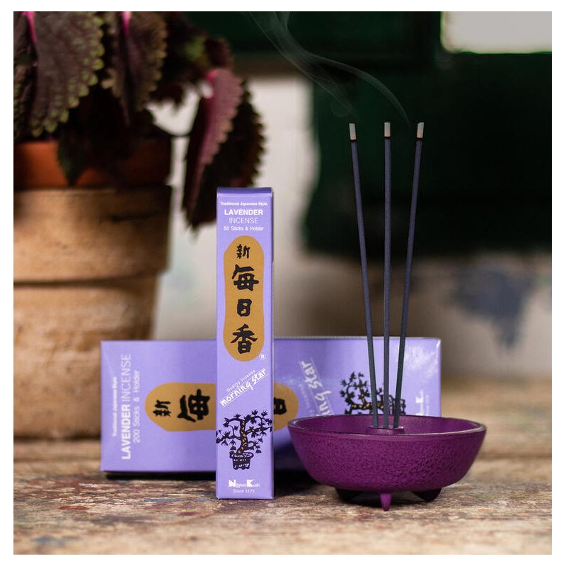 Boîte 50 bâtons d'encens japonais avec son support en céramique, MORNING STAR LAVENDER, parfum lavande