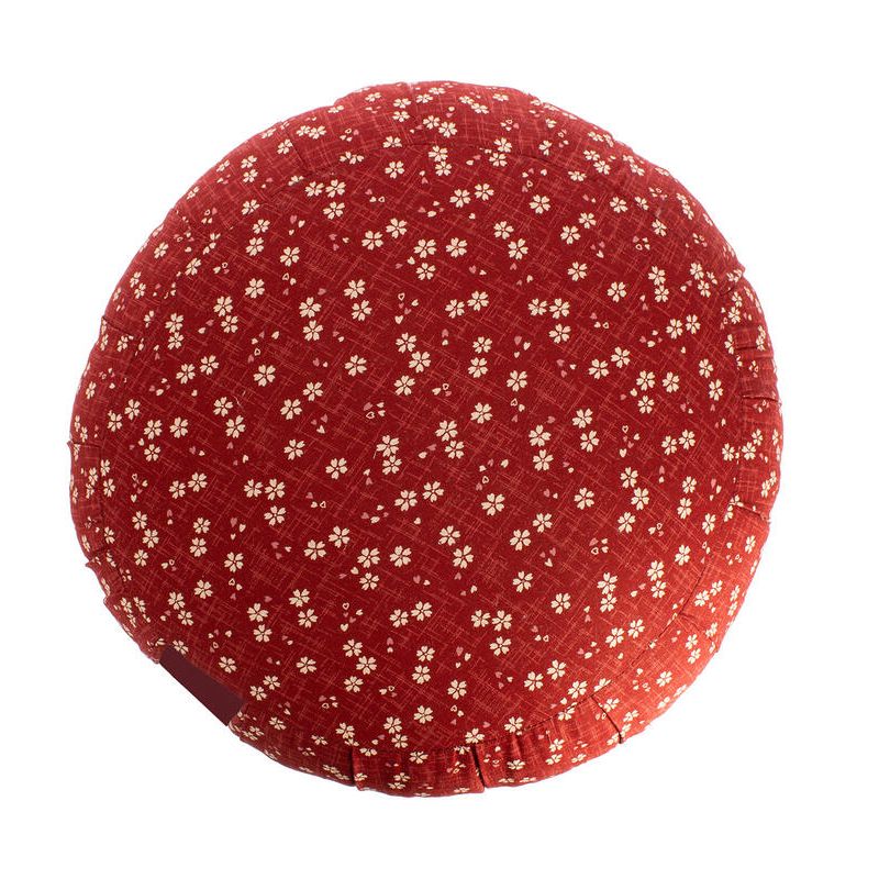 Red round meditation cushion with cherry blossom pattern, ZAFU AKA SAKURA, 33 cm