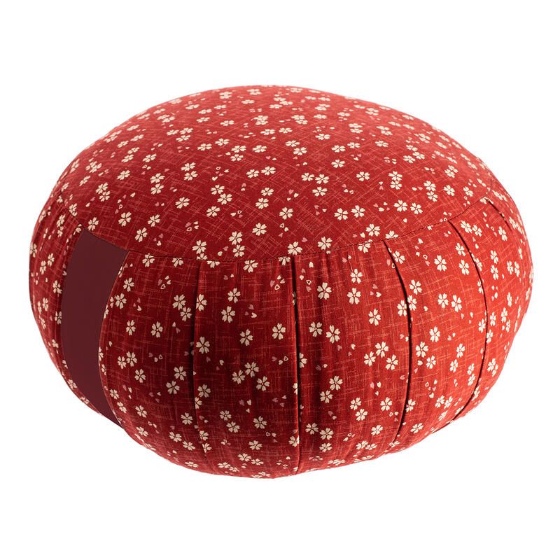 Coussin de méditation rond rouge motif fleurs de cerisier, ZAFU AKA SAKURA, 33 cm