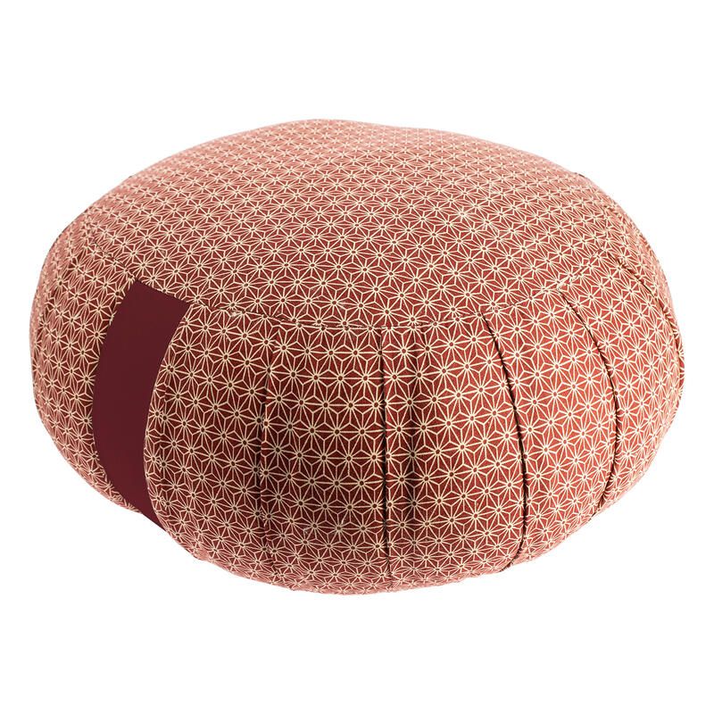 Round Kapok meditation cushion with Japanese Asanoha Garnet pattern, ZAFU AO ASANOHA, 33 cm