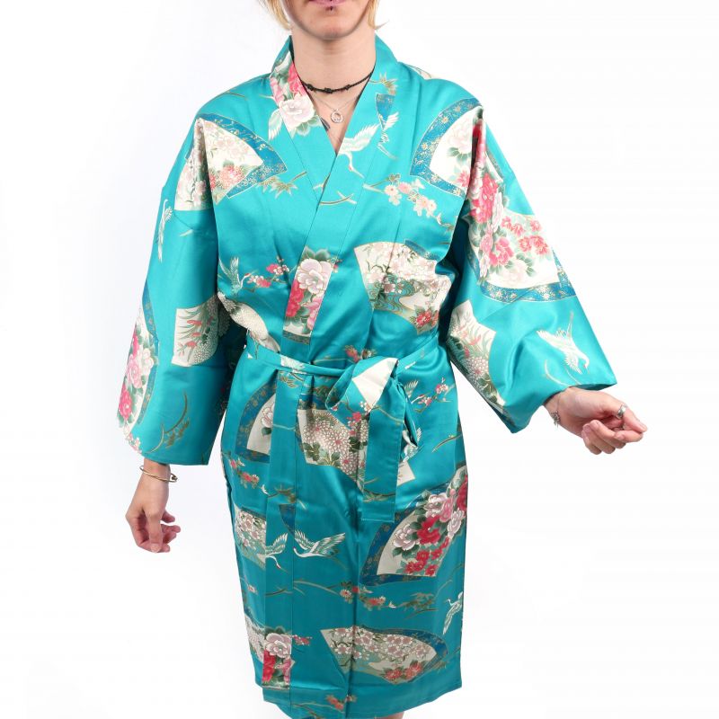 Traditioneller japanischer Happi-Kimono aus türkisfarbener Baumwolle mit Kranichmuster für Damen, HAPPI YUKATA TSURU