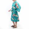 Traditional Japanese happi kimono in turquoise cotton with crane pattern for women, HAPPI YUKATA TSURU