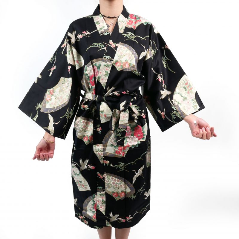 Kimono happi tradicional japonés de algodón negro con estampado de grullas para mujer, HAPPI YUKATA TSURU