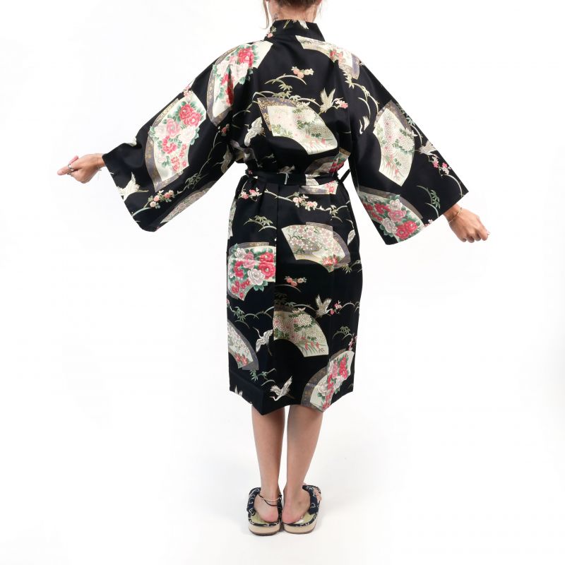 Kimono tradizionale giapponese Happi in cotone nero con motivo gru da donna, HAPPI YUKATA TSURU