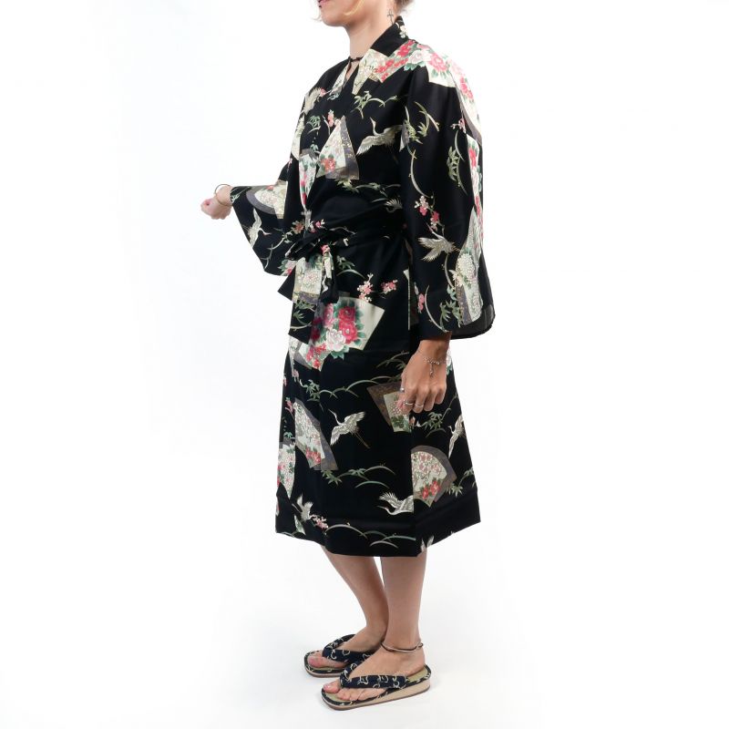 Traditioneller japanischer Happi-Kimono aus schwarzer Baumwolle mit Kranichmuster für Damen, HAPPI YUKATA TSURU