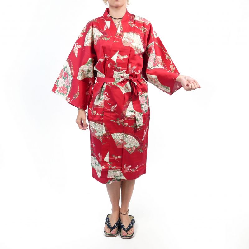 Traditional Japanese red cotton happi kimono with crane pattern for women, HAPPI YUKATA TSURU
