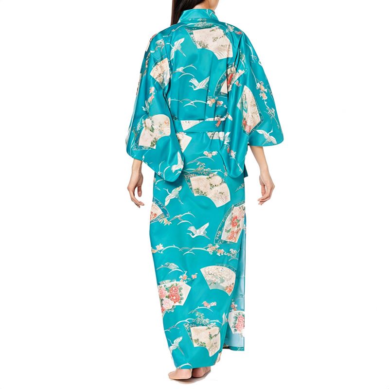 Kimono yukata traditionnel japonais turquoise en coton motif grues pour femme, YUKATA TSURU