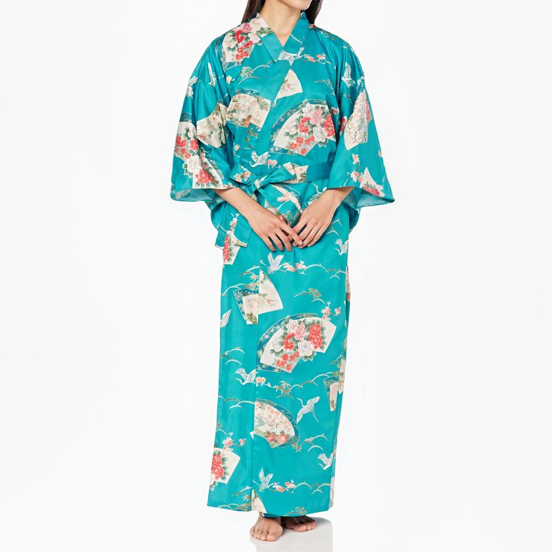 Traditional Japanese turquoise cotton yukata kimono with crane pattern for women, YUKATA TSURU