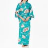 Kimono yukata traditionnel japonais turquoise en coton motif grues pour femme, YUKATA TSURU