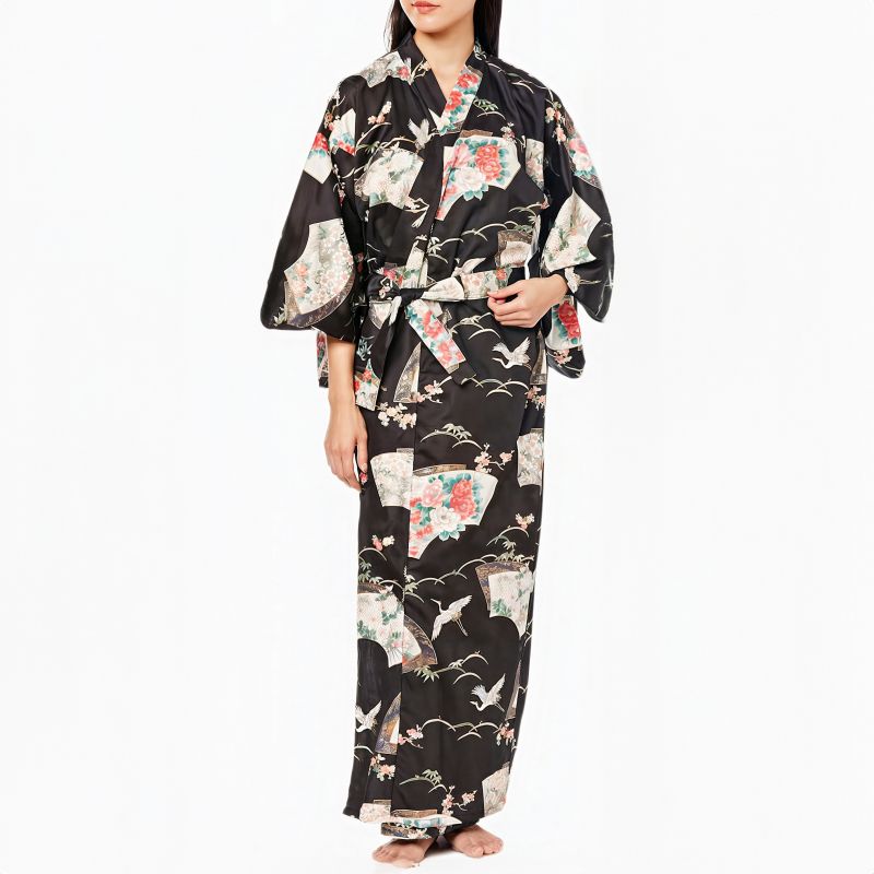 Traditioneller japanischer Yukata-Kimono aus schwarzer Baumwolle mit Kranichmuster für Damen, YUKATA TSURU