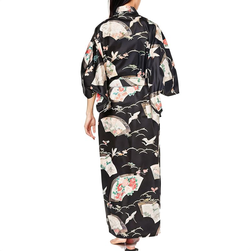 Kimono yukata traditionnel japonais noir en coton motif grues pour femme, YUKATA TSURU