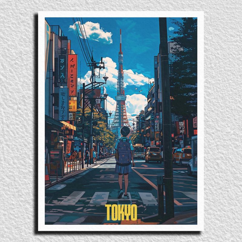 Illustrazione giapponese "ALONE IN TOKYO", camminando per le strade di Tokyo, di ダヴィッド