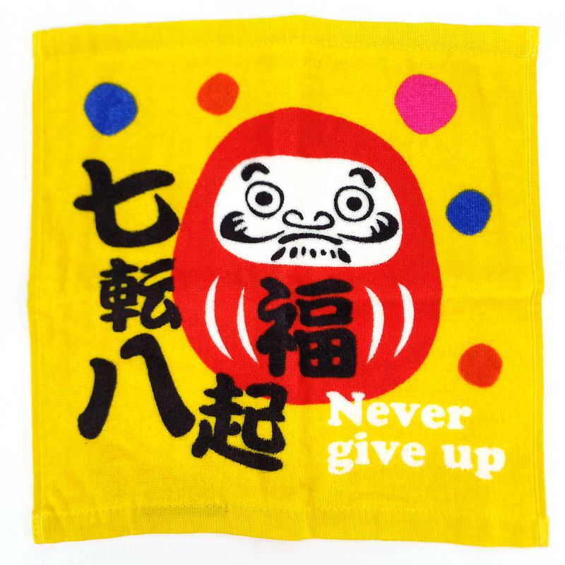 Asciugamano giallo in cotone giapponese - NEVER GIVE UP - daruma-