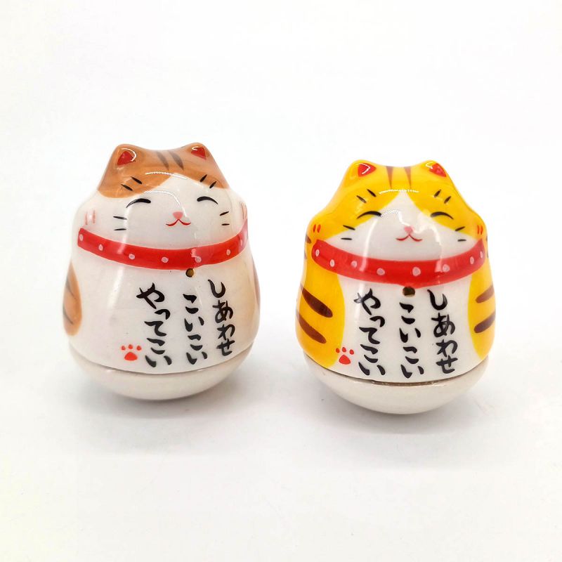 Duo de chat porte-bonheur japonais Manekineko culbuto en céramique, SANNEKO, 4.5 cm