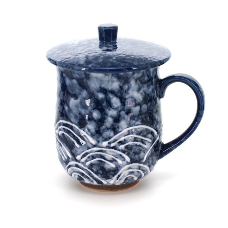 Tasse à thé traditionnelle japonaise avec couvercle, noir et bleu, SEIGAIHA