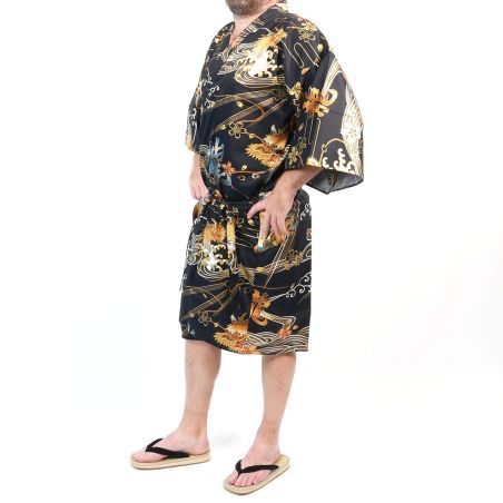 Kimono happi japonais noir avec dragon doré en coton pour homme - DORAGON