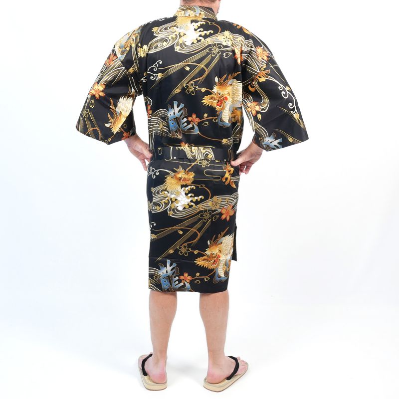 Black Japanese happi kimono with golden dragon in cotton for men - DORAGON