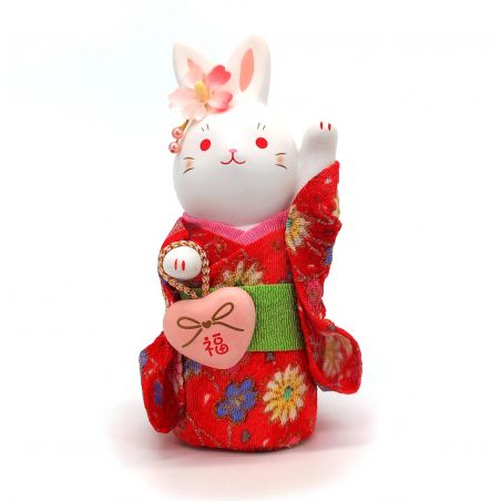 Adorno de conejo de cerámica blanca, RAKKIBANI, kimono rojo