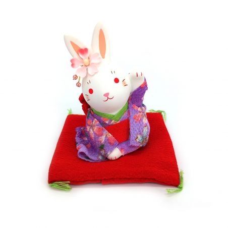 Japanese Ceramic White Rabbit Ornament in Purple Kimono- SUWATTE IRU USAGI