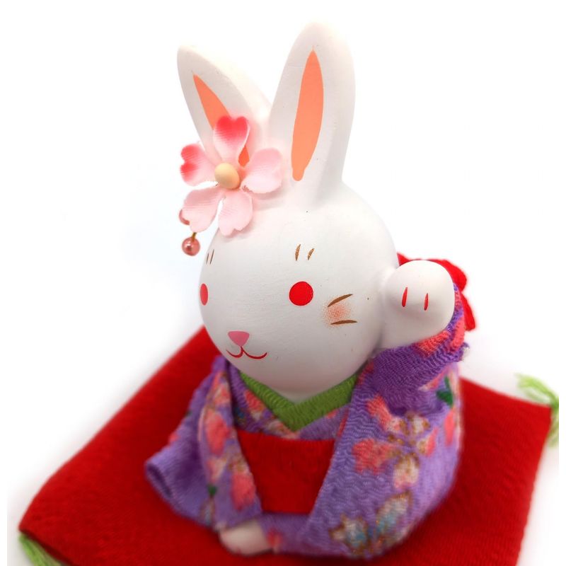 Japanese Ceramic White Rabbit Ornament in Purple Kimono- SUWATTE IRU USAGI