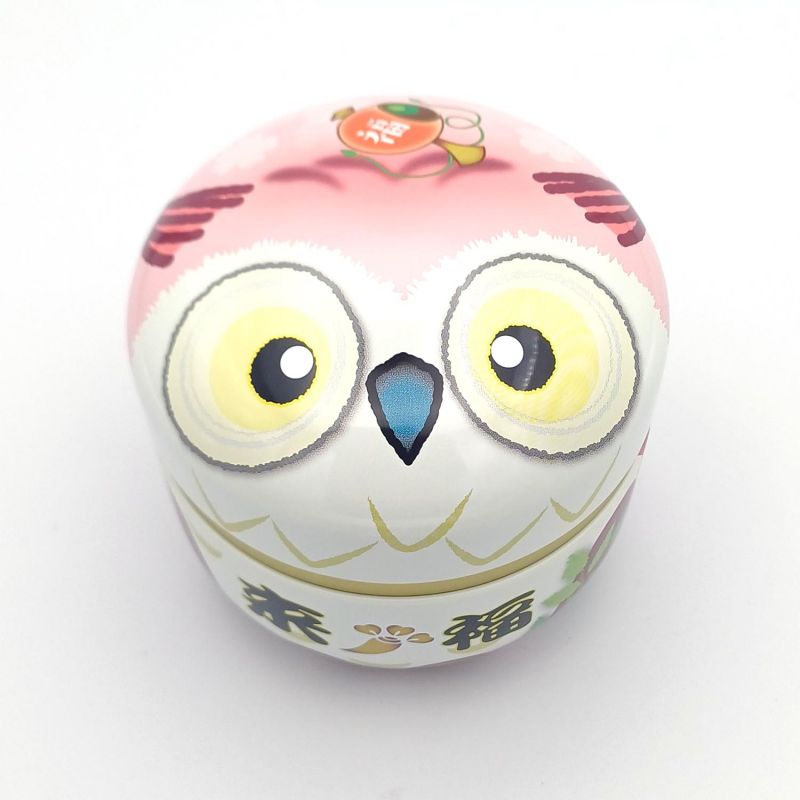 Furuko Japanese pink metal tea box with owl motif, 150gr