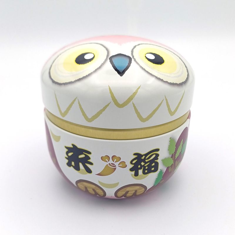 Boîte à thé japonaise rose en métal motif hibou, Furuko, 150gr