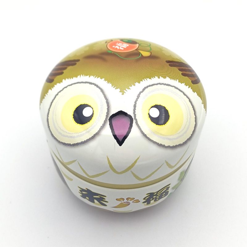 Japanese brown metal tea box with owl motif, Furuko, 150gr