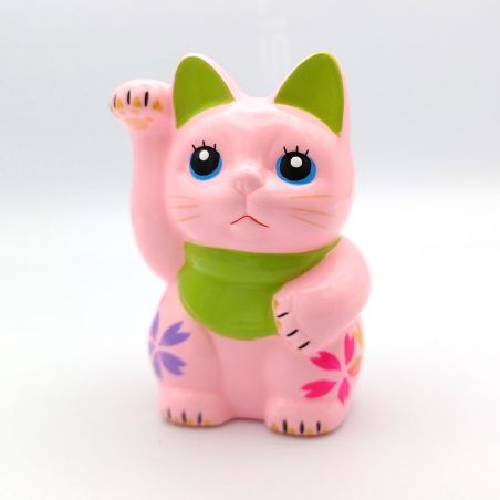 Gato de la suerte japonés manekineko, PINKU, rosa y verde