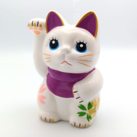 Chat porte-bonheur japonais manekineko, SHIRO, blanc et violet